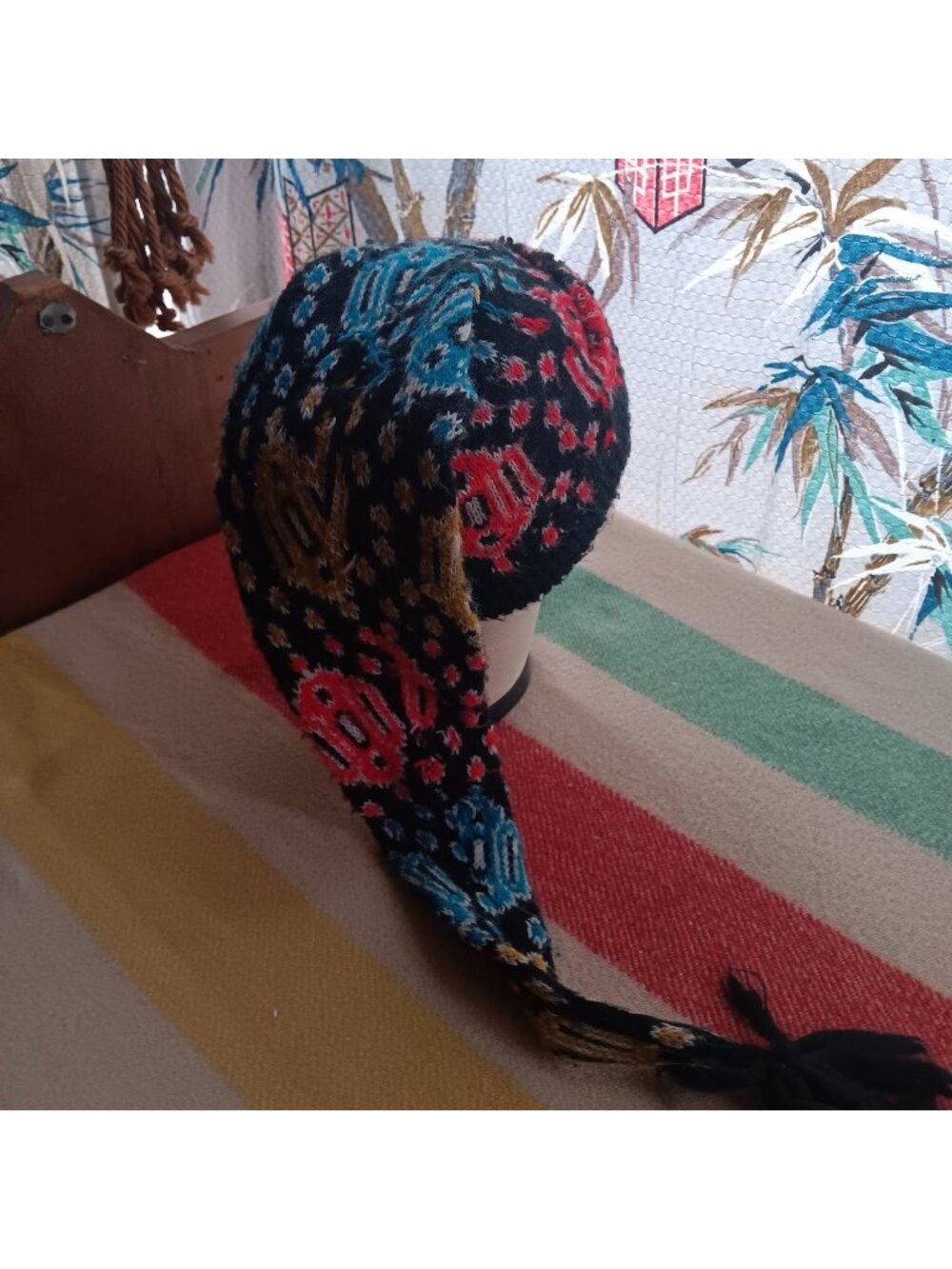 Vintage Knit Elf Hat Tassel Tail Multicolor 1970's Women's Cottage Hippie